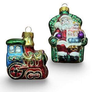 Vintage UT Santa & Train Christmas Ornaments Set Retro Hand Painted Blown Glass